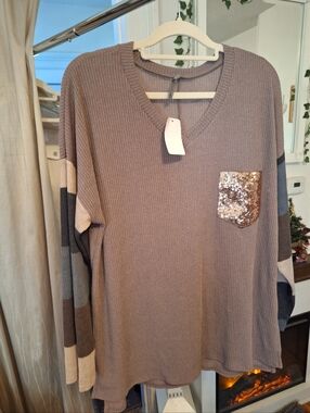 Long Sleeve Top With Sequin Pocket And Striped Sleeves